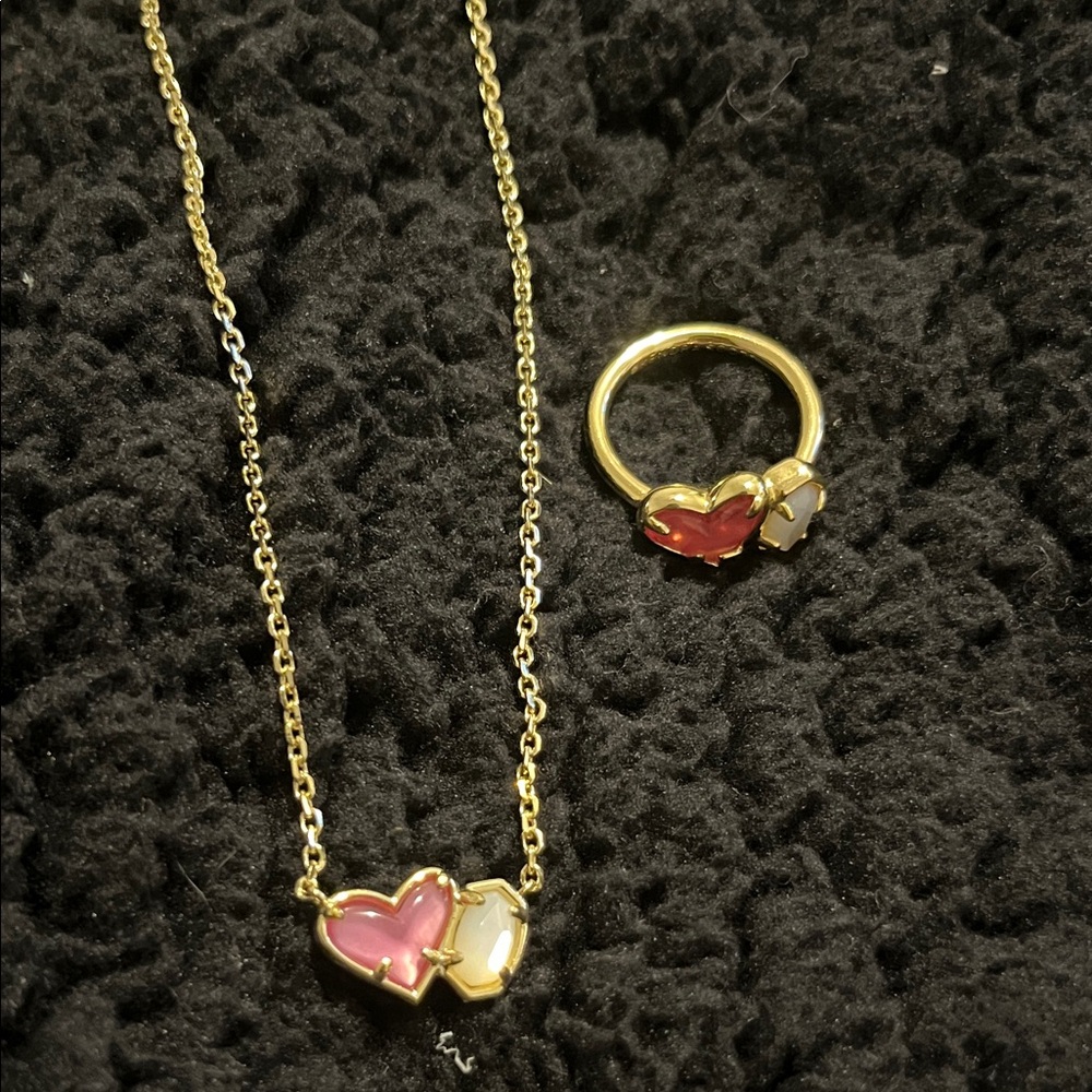 Gold and Pink Heart Kendra Scott Necklace and Ring Set